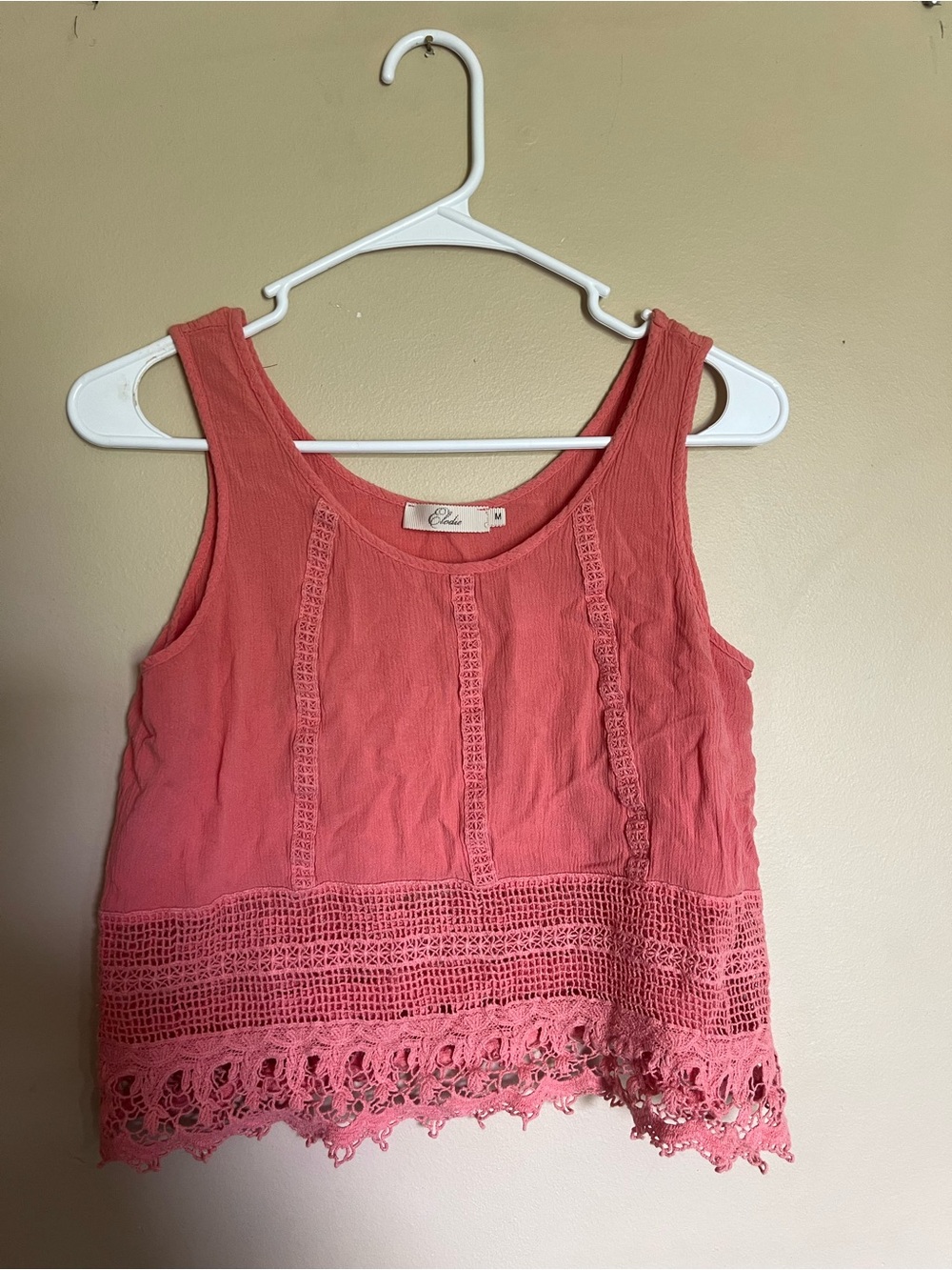 Elle Coral Pink Crochet-Hem Sleeveless Crop Top (Country Concert Top)